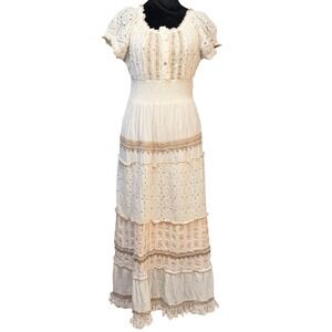 Cream Layered Cottage Core Eyelet Maxi Dress